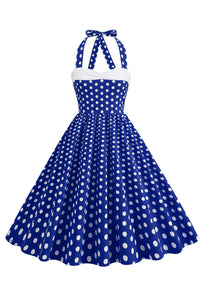 Royal Blue Bow Tie Halter Dotted A-line Vintage Dress