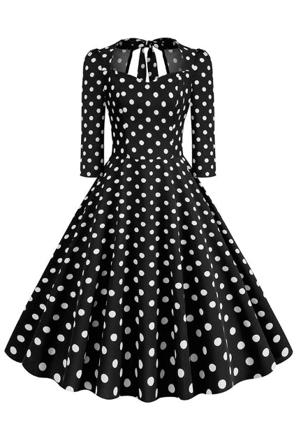 Black Long Sleeves Dotted Bow Tie A-line Vintage Dress