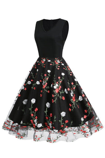 Black Floral Sleeveless A-line Vintage Dress