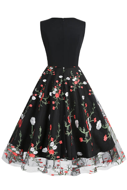 Black Floral Sleeveless A-line Vintage Dress