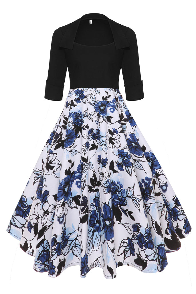 Black Top 1/2 Sleeves Floral A-line Vintage Dress