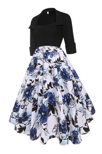 Black Top 1/2 Sleeves Floral A-line Vintage Dress