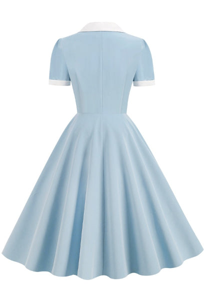 Light Blue Shirt Collar Short Sleeves A-line Vintage Dress