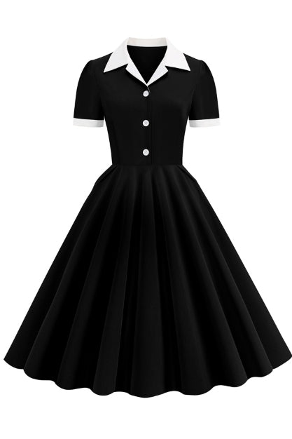 Black Shirt Collar Short Sleeves A-line Vintage Dress