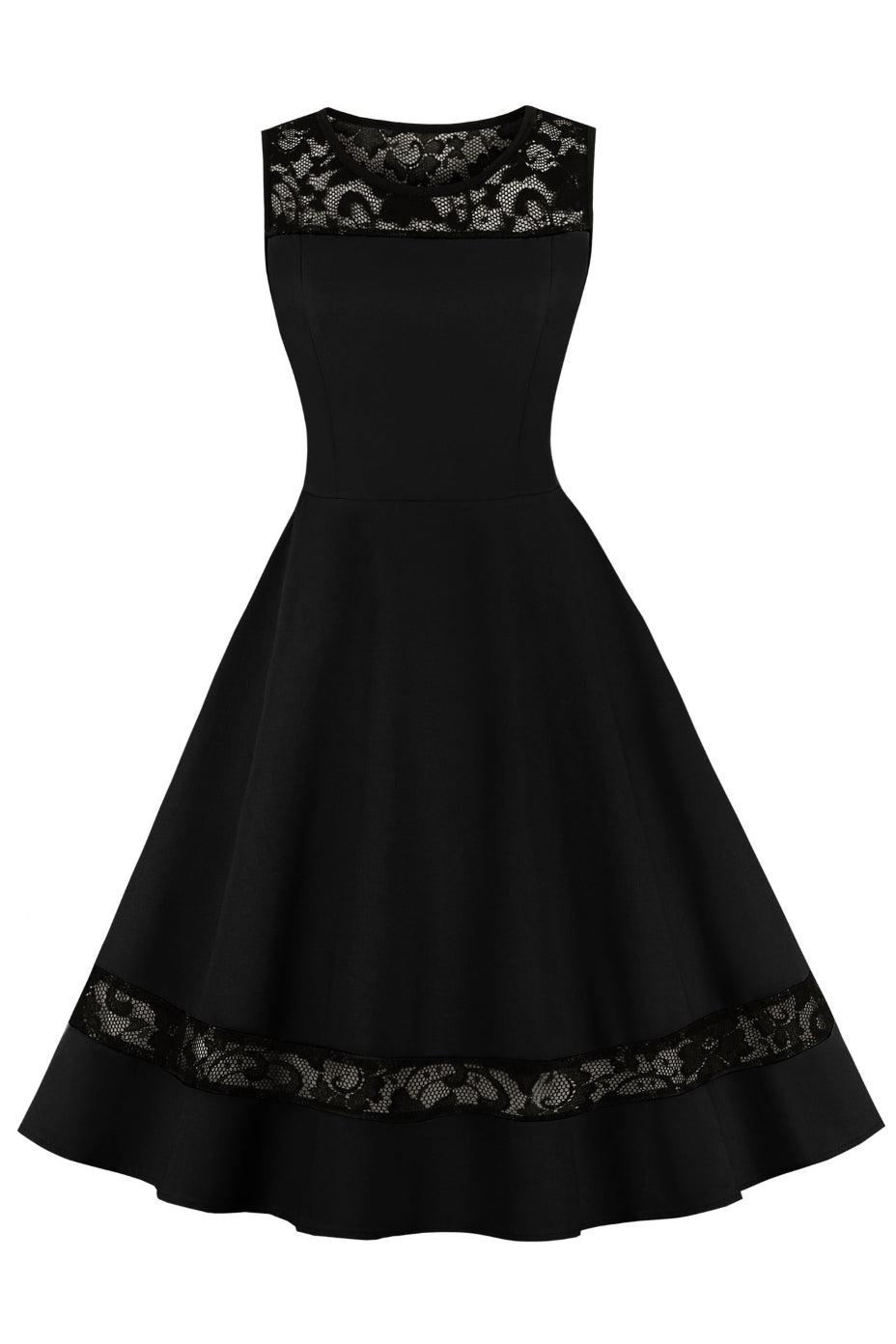 Black Sleeveless Lace Illusion Neck A-line Vintage Dress