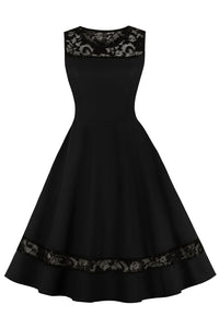 Black Sleeveless Lace Illusion Neck A-line Vintage Dress