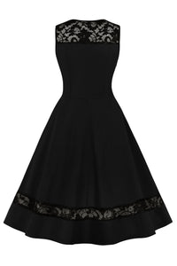 Black Sleeveless Lace Illusion Neck A-line Vintage Dress