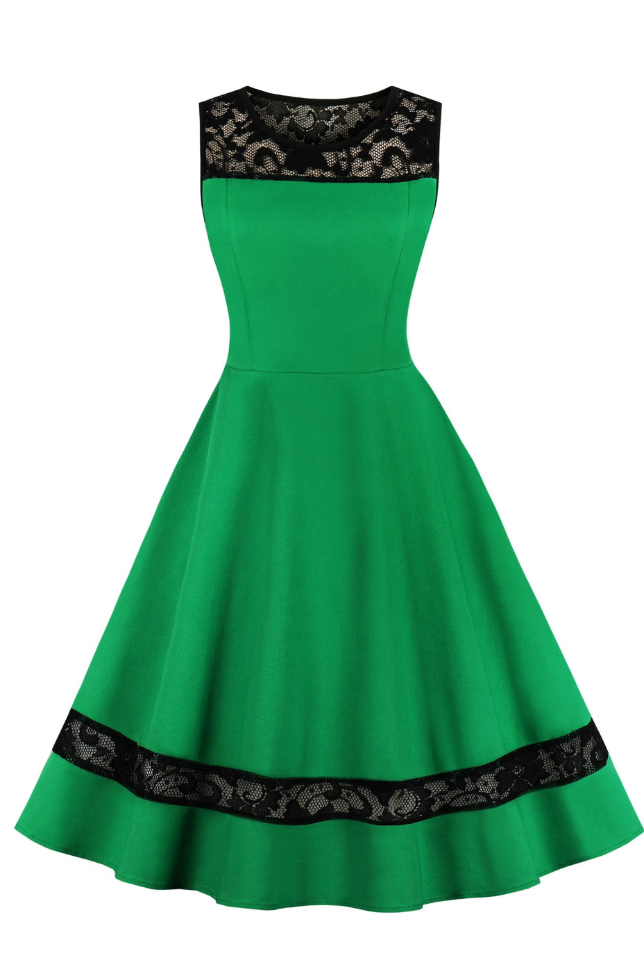 Green Sleeveless Lace Illusion Neck A-line Vintage Dress