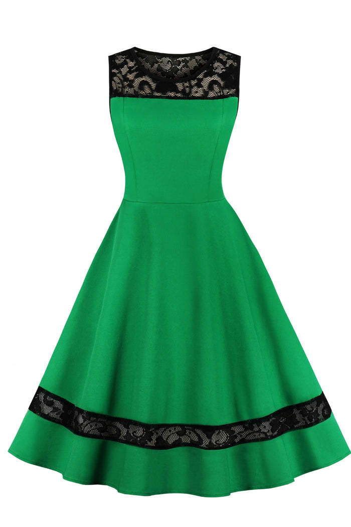 Green Sleeveless Lace Illusion Neck A-line Vintage Dress