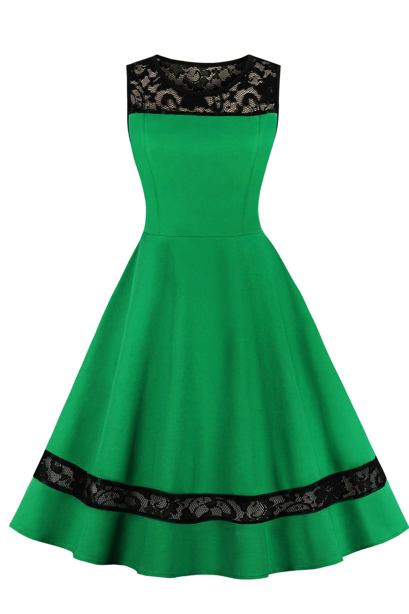 Green Sleeveless Lace Illusion Neck A-line Vintage Dress
