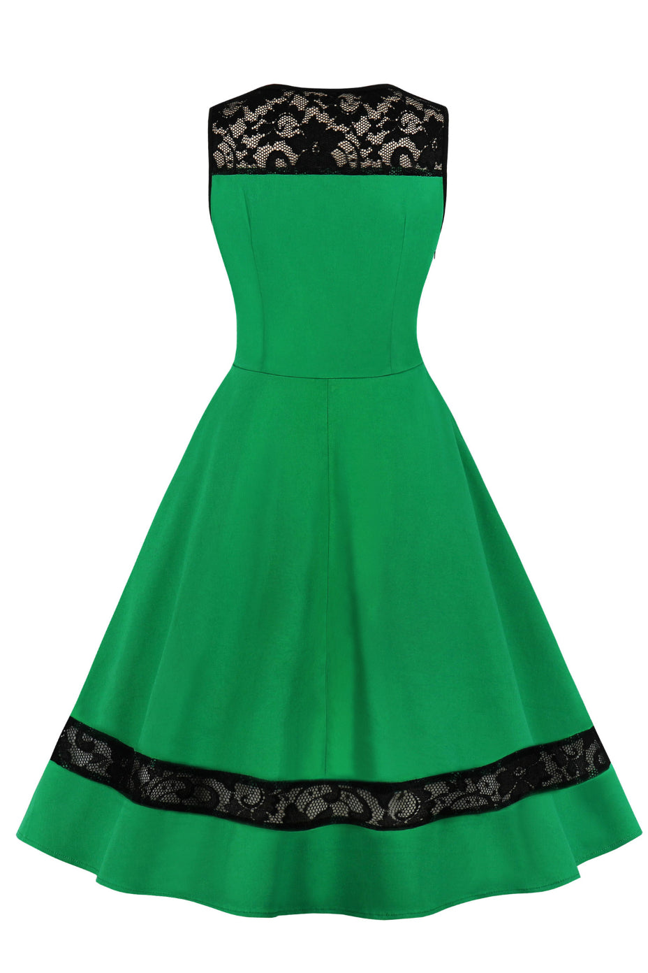 Green Sleeveless Lace Illusion Neck A-line Vintage Dress