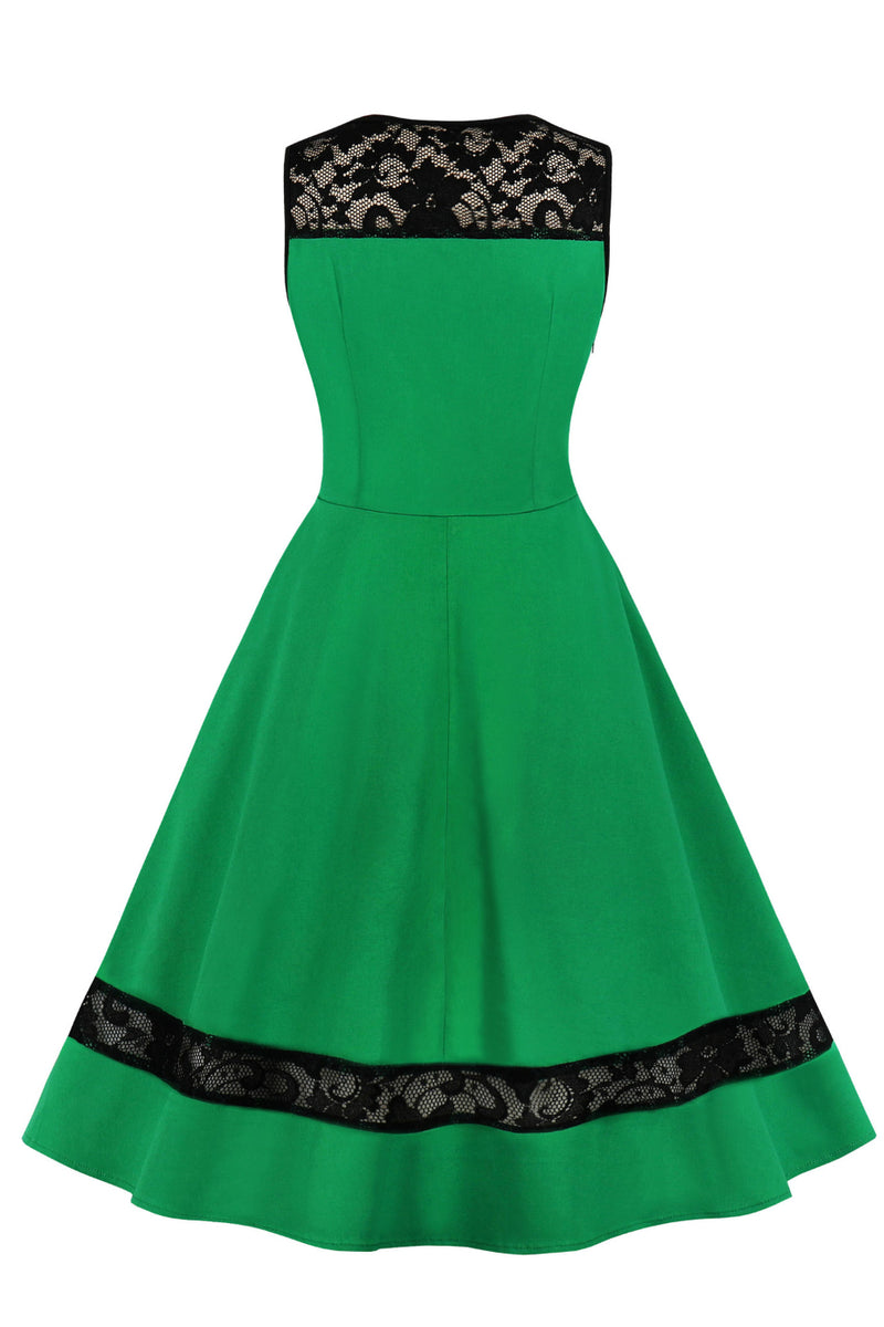 Green Sleeveless Lace Illusion Neck A-line Vintage Dress