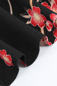 Black Surplice 1/2 Sleeves A-line Floral Vintage Dress