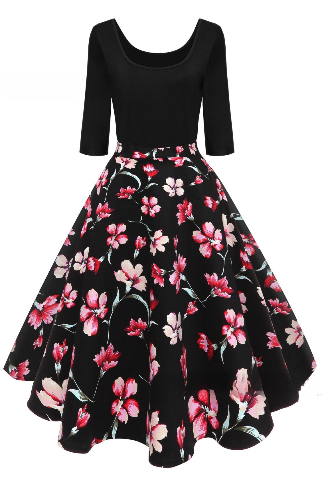 5 Styles of 1/2 Sleeves A-line Floral Vintage Dress