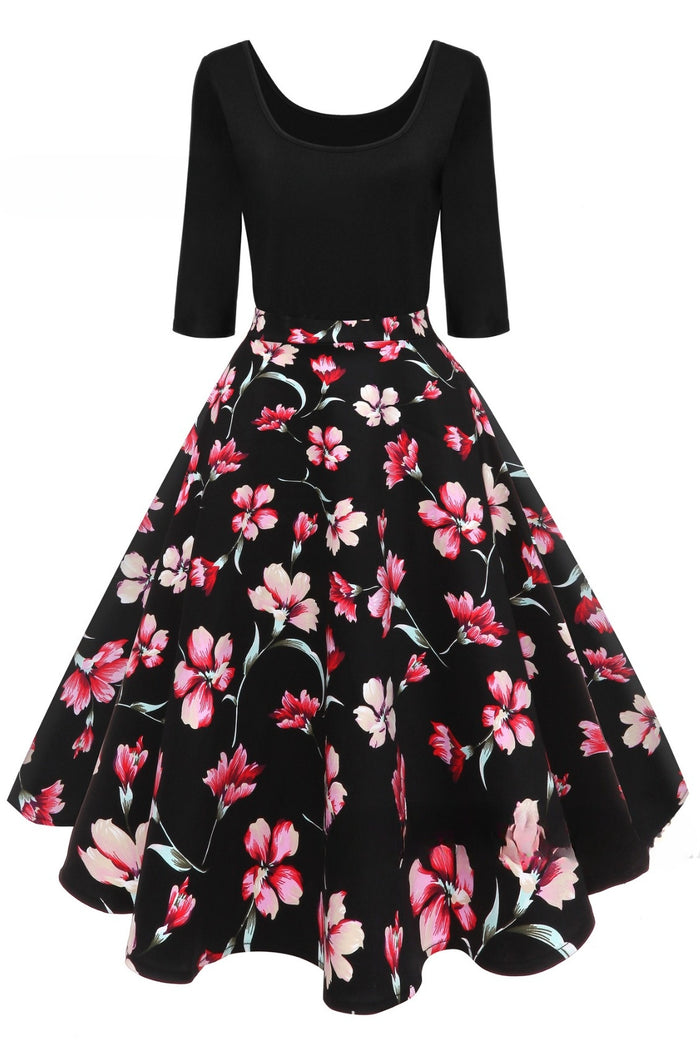 5 Styles of 1/2 Sleeves A-line Floral Vintage Dress