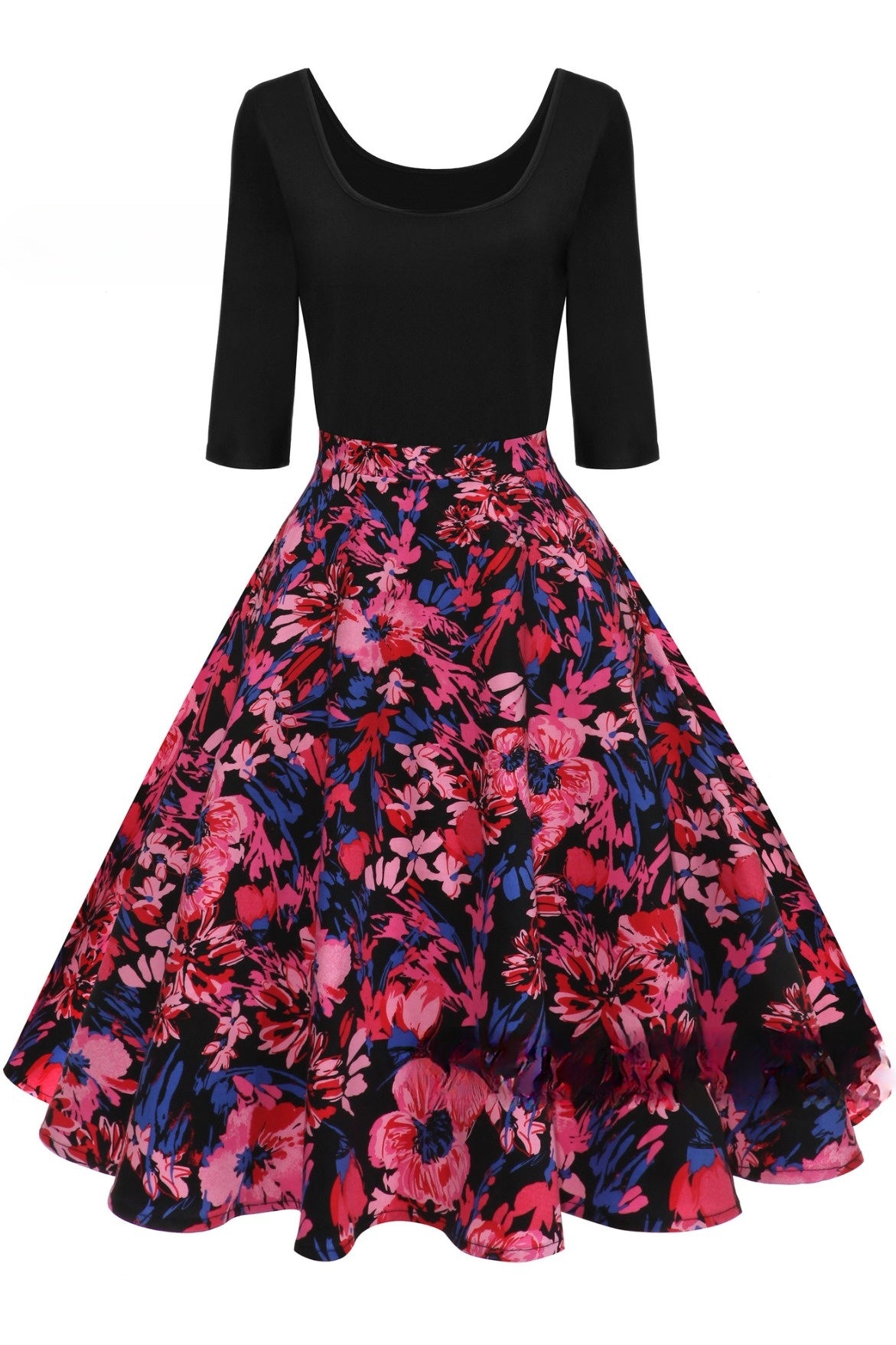 5 Styles of 1/2 Sleeves A-line Floral Vintage Dress