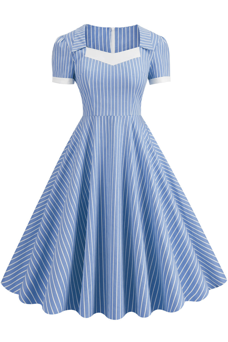 Yellow Striped A-line Dress with Short Sleeves