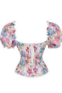 Floral Puff Sleeves Lace-Up Bustier Corset Top