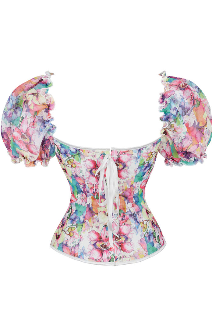 Floral Puff Sleeves Lace-Up Bustier Corset Top