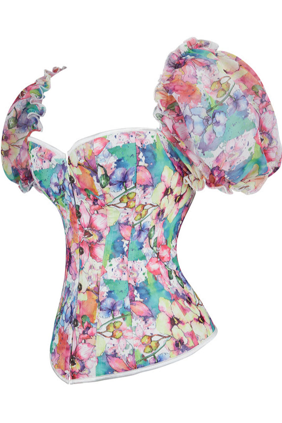 Floral Puff Sleeves Lace-Up Bustier Corset Top