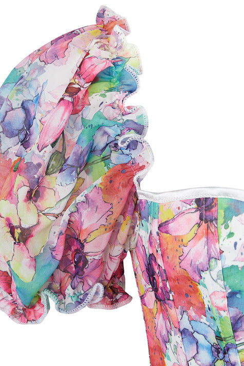 Floral Puff Sleeves Lace-Up Bustier Corset Top