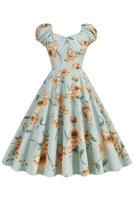 Light Green Floral A-line Puff Sleeves Vintage Dress