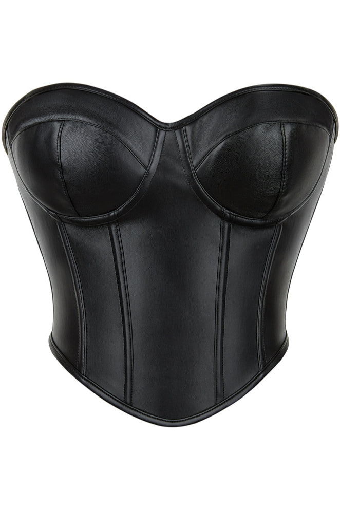 Black Strapless Lace-Up Leather Boned Bustier Corset Top