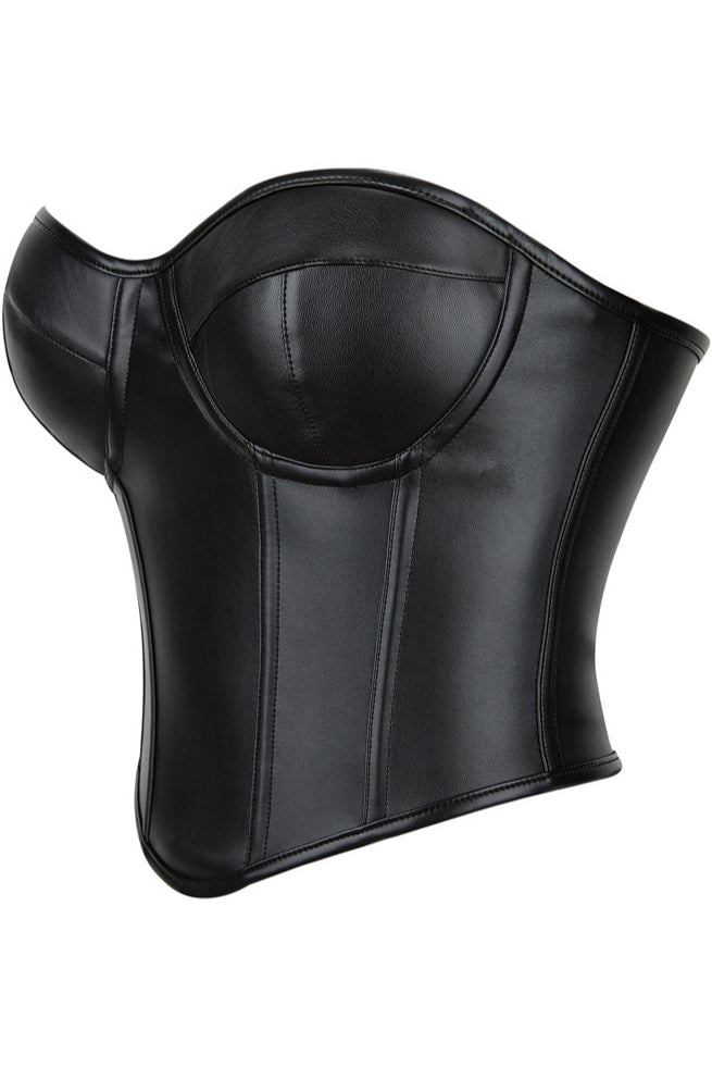 Black Strapless Lace-Up Leather Boned Bustier Corset Top