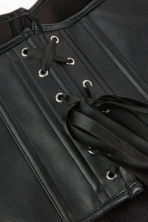 Black Strapless Lace-Up Leather Boned Bustier Corset Top