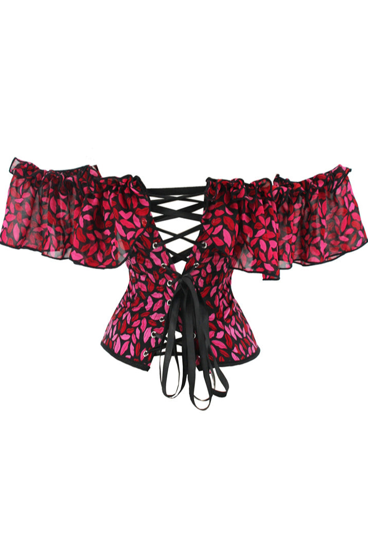 Red Lips Prints Ruffled Off-the-Shoulder Lace-Up Bustier Corset Top