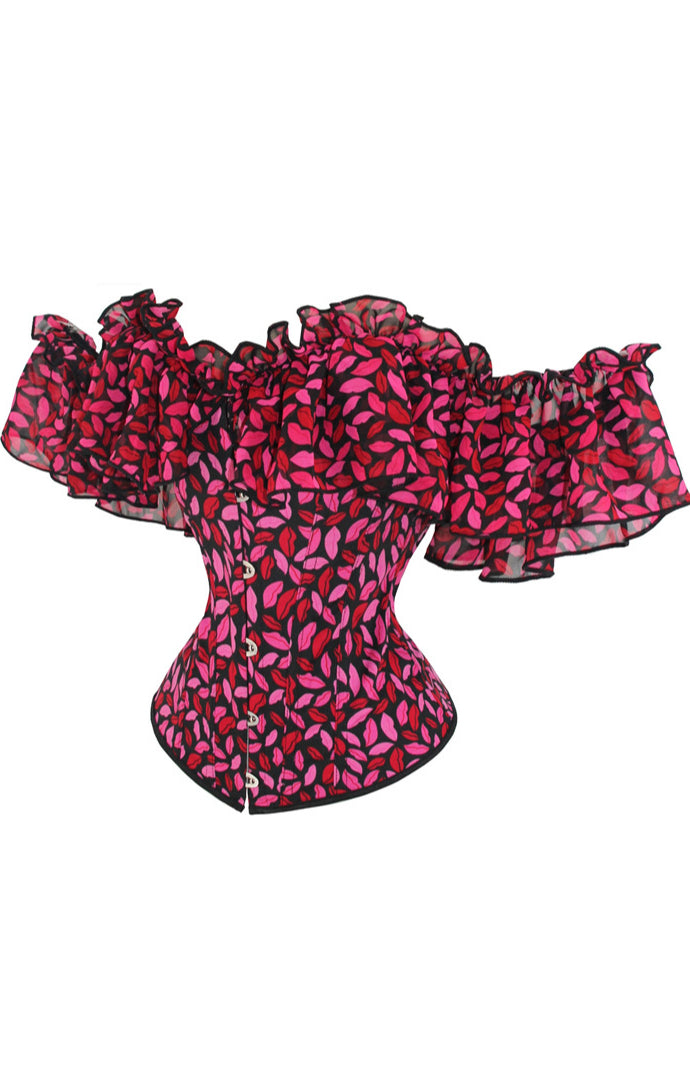Red Lips Prints Ruffled Off-the-Shoulder Lace-Up Bustier Corset Top