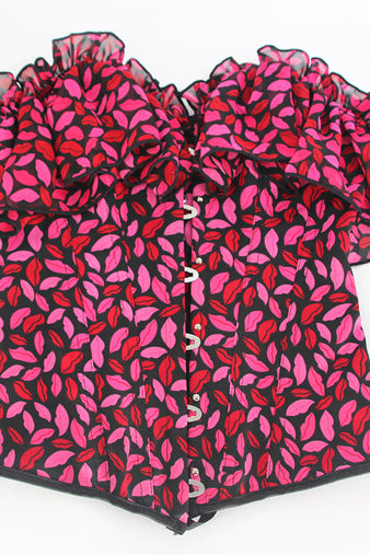 Red Lips Prints Ruffled Off-the-Shoulder Lace-Up Bustier Corset Top