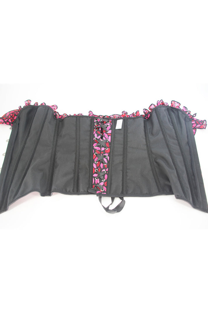 Red Lips Prints Ruffled Off-the-Shoulder Lace-Up Bustier Corset Top