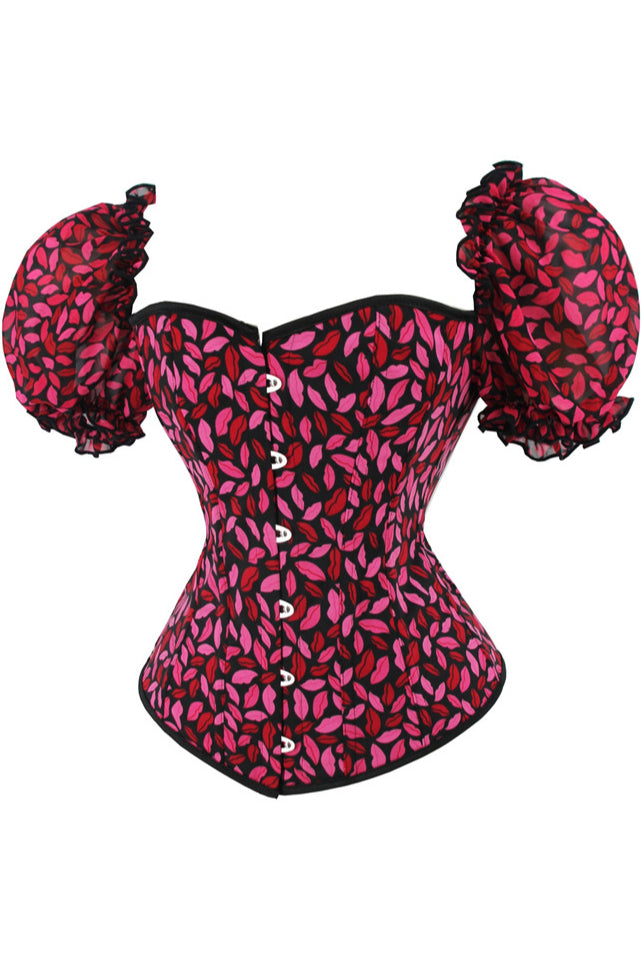 Red Ruffled Puff Sleeves Lace-Up Lips Prints Bustier Corset Top
