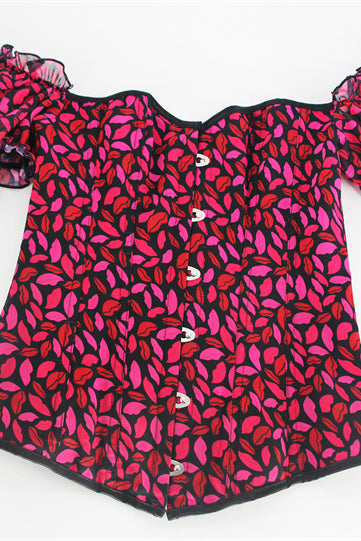 Red Ruffled Puff Sleeves Lace-Up Lips Prints Bustier Corset Top
