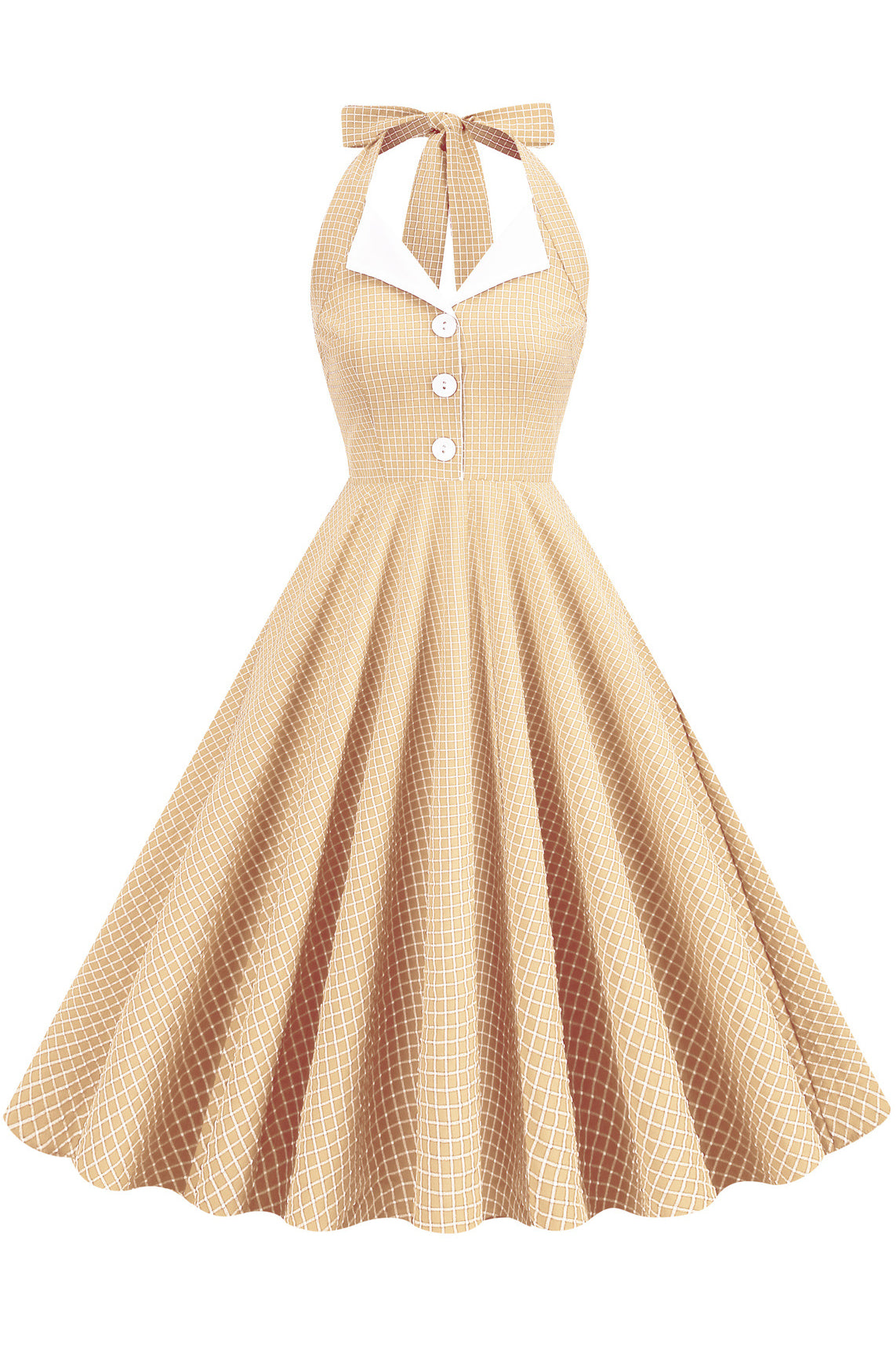 Vintage Apricot Plaid Bow Tie Halter A-line Dress