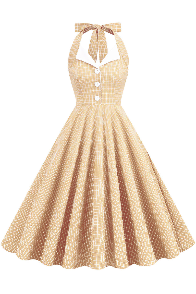 Vintage Apricot Plaid Bow Tie Halter A-line Dress