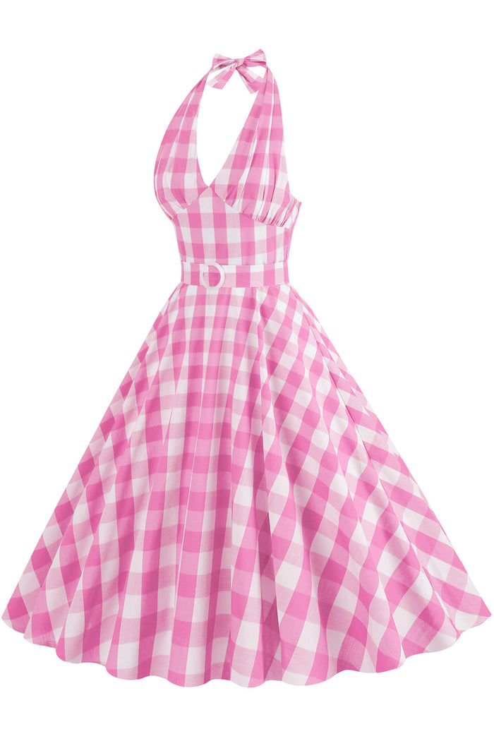Monroe Pink Plaid Halter Dress