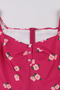 Rose Pink Puff Sleeves A-line Floral Bow tie Sash Vintage Dress