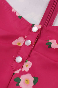 Rose Pink Puff Sleeves A-line Floral Bow tie Sash Vintage Dress