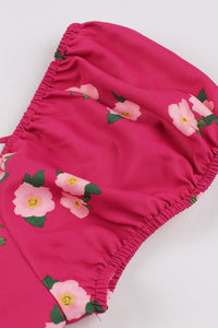 Rose Pink Puff Sleeves A-line Floral Bow tie Sash Vintage Dress