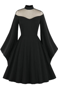 Halloween Black Queen Illusion Neck Bell Sleeves A-line Vintage Dress