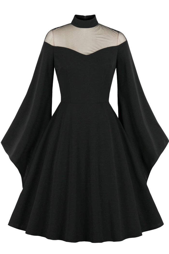 Halloween Black Queen Illusion Neck Bell Sleeves A-line Vintage Dress