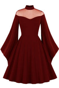 Halloween Black Queen Illusion Neck Bell Sleeves A-line Vintage Dress
