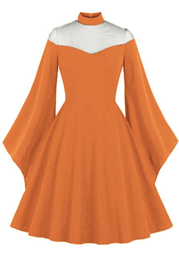 Halloween Black Queen Illusion Neck Bell Sleeves A-line Vintage Dress