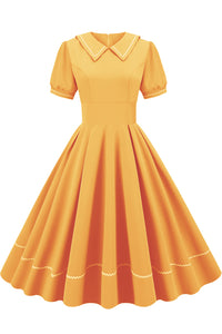 Yellow A-line Shirt Collar Dress with Short Sleeves