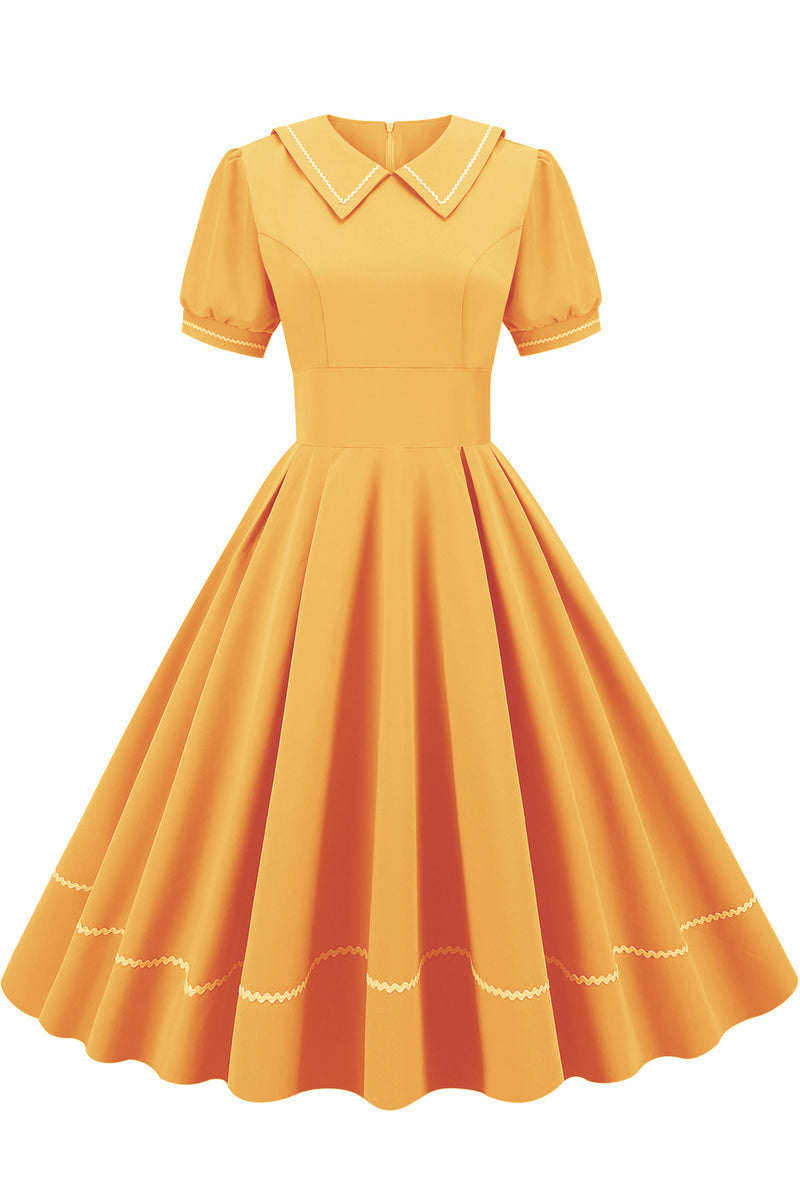 Yellow A-line Shirt Collar Dress with Short Sleeves