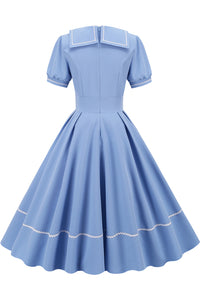 Blue A-line Shirt Collar Dress with Short Sleeves