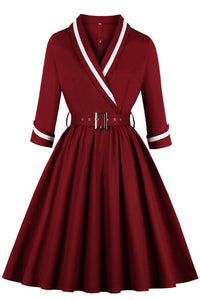 Wine Red Surplice Long Sleeves A-line Vintage Dress