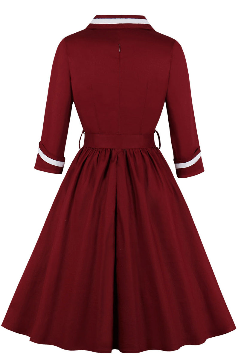 Wine Red Surplice Long Sleeves A-line Vintage Dress